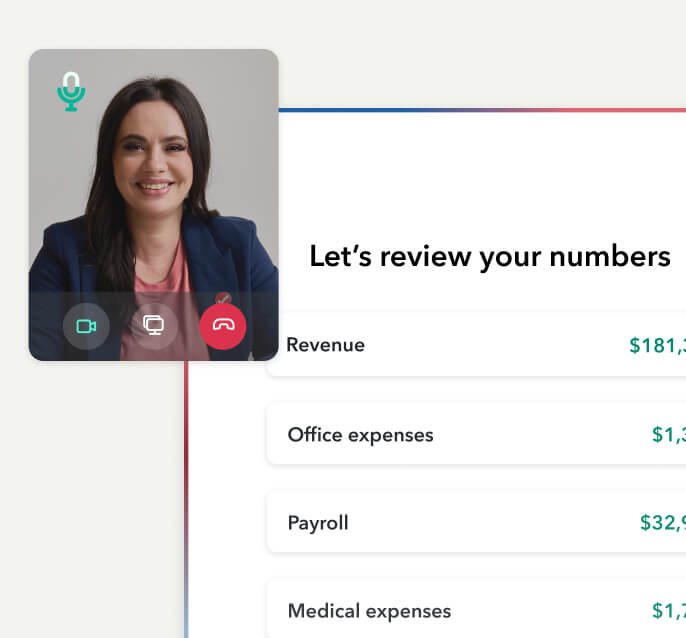 A TurboTax "Let’s review your numbers" screen with a live video overlay of a tax expert reviewing revenue and expenses.