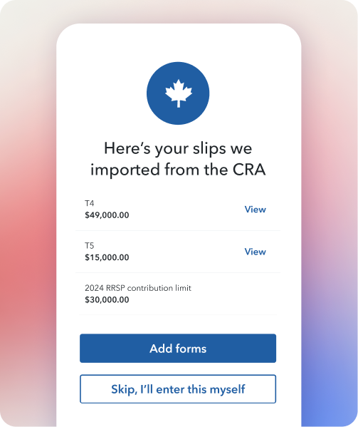 The TurboTax mobile app UI with “Here’s your slips we imported from the CRA” headline.