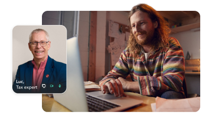 Primary image is of a man working on a laptop in his studio. Secondary image is of Luc, a TurboTax expert.