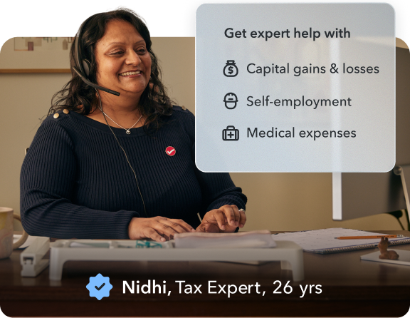 Emine, a TurboTax expert, is smiling as she works at her computer. An overlay lists tax help topics: Capital gains & losses, Self-employment, and Medical expenses.