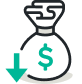 A money bag with a dollar sign on it and a down facing arrow next to it
