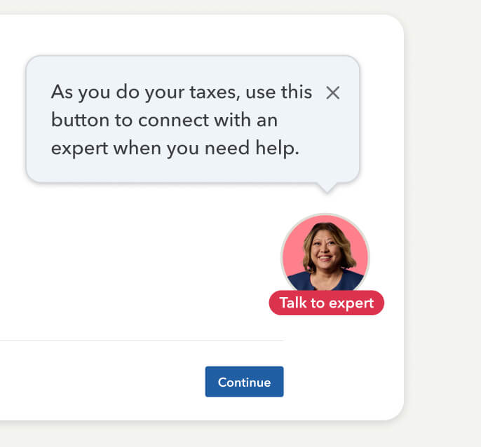 A TurboTax screen featuring a "Talk to expert" button and a tooltip explaining how to connect with a tax professional.