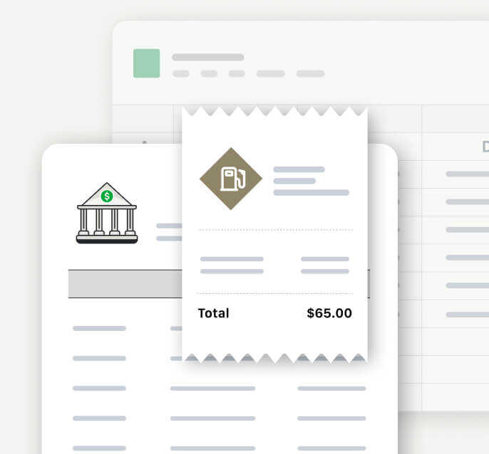 An illustration of the TurboTax interface organizing digital receipts and bank documents into a summary spreadsheet.
