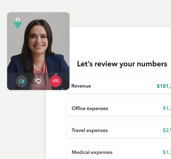 A TurboTax "Let’s review your numbers" screen with a live video overlay of a tax expert reviewing revenue and expenses.