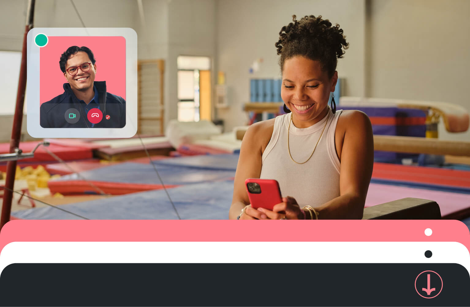 A smiling small business owner in a gymnastics studio uses her smartphone to consult with a TurboTax expert via a live video call overlay.