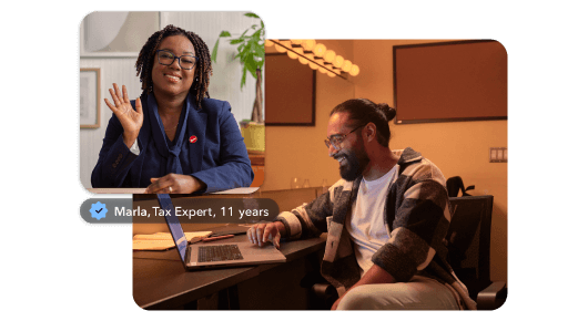 A young man working on his laptop and smiling brightly. Secondary image is of Marla, a TurboTax tax expert with 11 years of experience smiling brightly and waving in her home office.