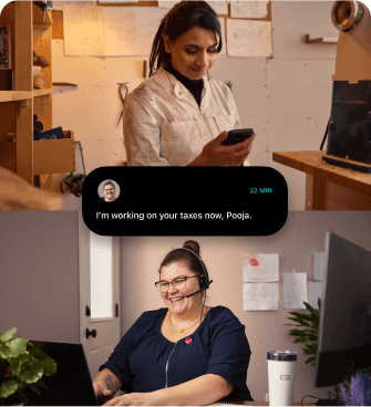 A young female customer, Pooja. The secondary image is of a chat exchange between Pooja and Taren, a tax expert about reporting her tuition.