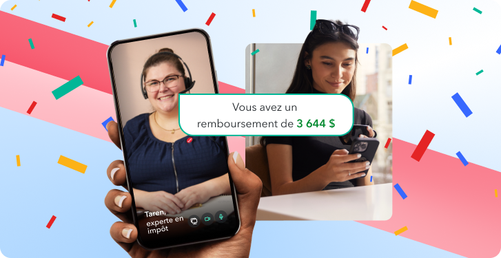 Une jeune femme regarde son téléphone intelligent en souriant avec des confettis en arrière-plan. Image secondaire de Taren, une experte de TurboImpôt, et du texte « vous avez un remboursement de 3 644 $. »