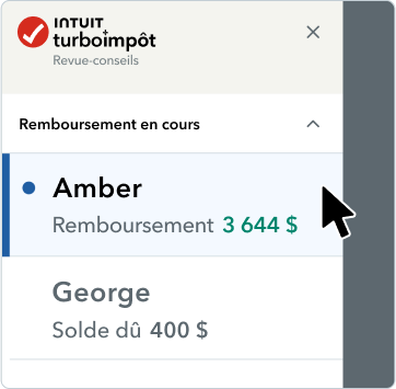 L’interface utilisateur de l’application mobile de TurboImpôt avec l’en-tête « Remboursement en cours » et deux onglets de déclarations conjointes et les montants correspondants.