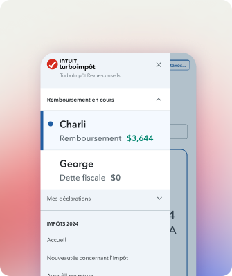 L’appli mobile TurboImpôt UI avec l’en-tête « Remboursement en cours » et deux onglets de déclarations conjointes avec des montants.