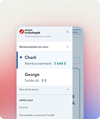 L’appli mobile TurboImpôt UI avec l’en-tête « Remboursement en cours » et deux onglets de déclarations conjointes avec des montants.