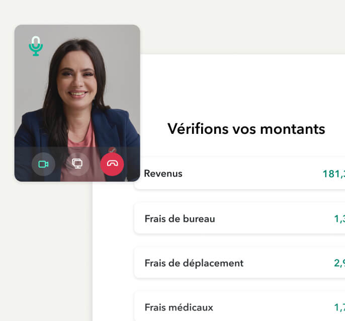 A TurboTax "Let’s review your numbers" screen with a live video overlay of a tax expert reviewing revenue and expenses.