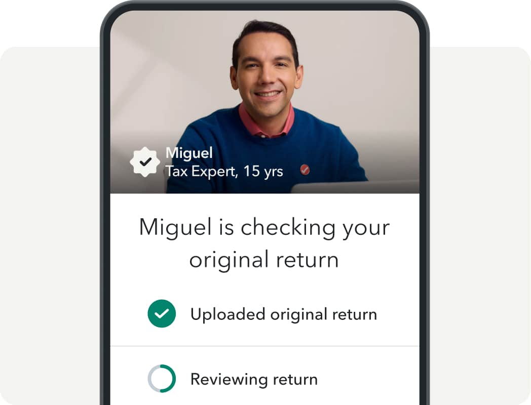 A smartphone showing a tax amending progress checklist featuring tax expert Miguel.