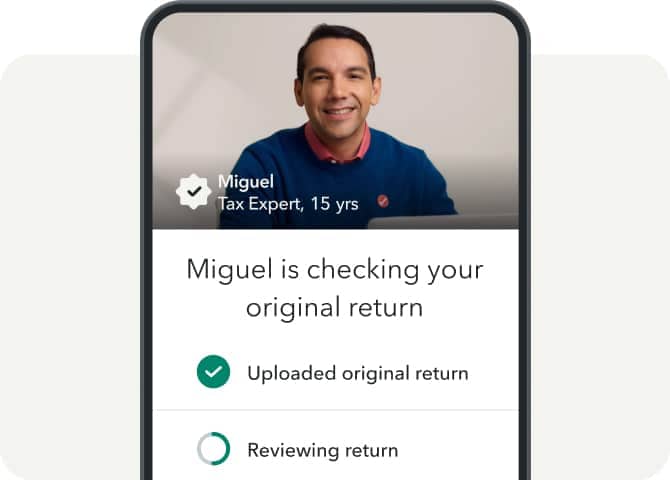 A smartphone showing a tax amending progress checklist featuring tax expert Miguel.