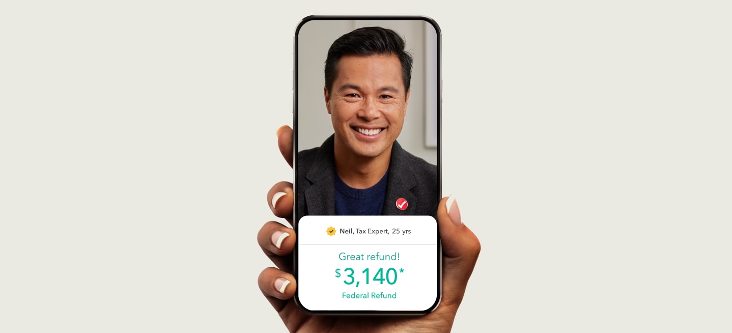 A phone displaying TurboTax tax expert Neil, who has 25 years of experience, and the customer's tax refund amount.