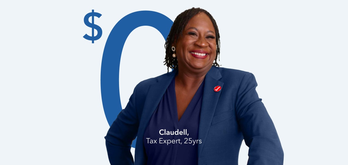 Claudell, Tax Expert with 25 years experience standing in front of $0 graphic
