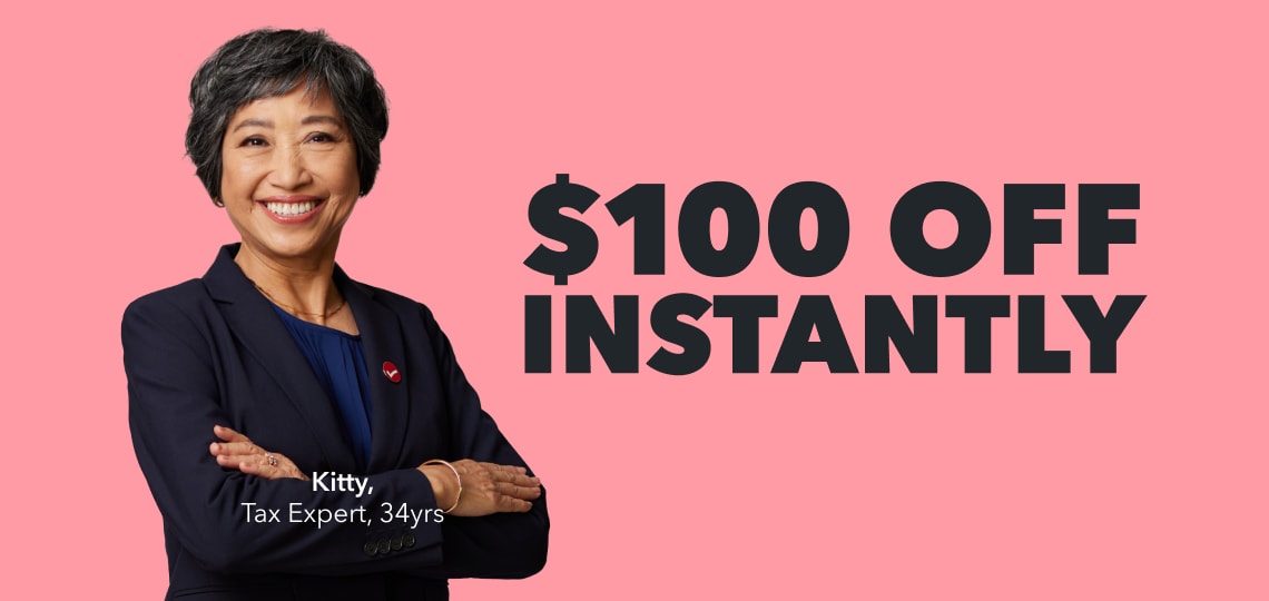 Kitty, Tax Expert with 34 years experience standing beside $100 Off Instantly graphic