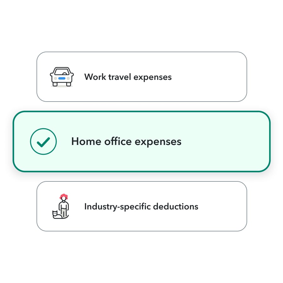 An image of TurboTax software: Three tiles that show work travel expenses, home office expenses, and industry-specific deductions. The home office expenses tile is selected.