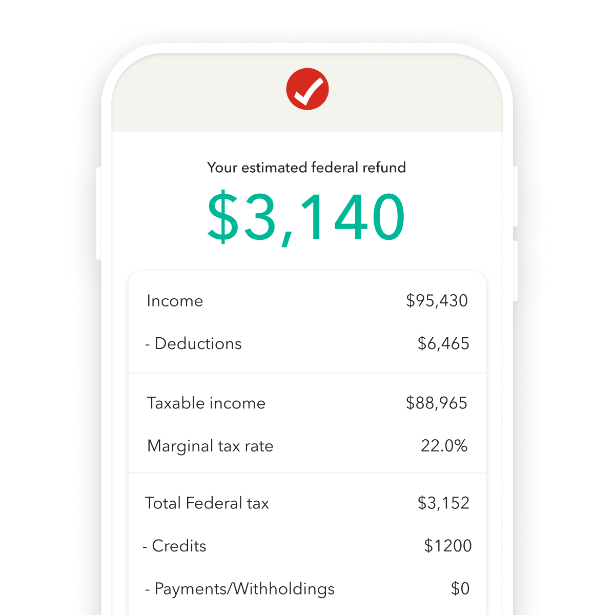 A phone screen displays the TaxCaster tax calculator with an estimated federal refund of $3,140.