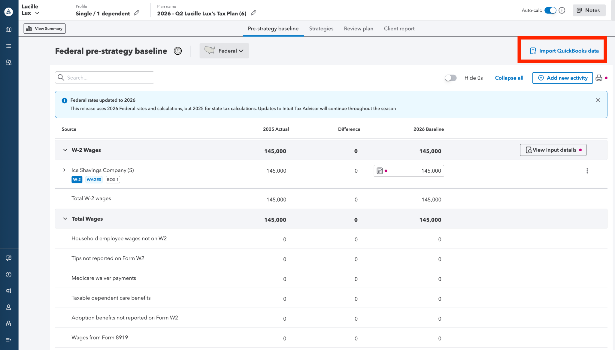 Import QuickBooks data button on the Intuit Tax Advisor pre-strategy baseline