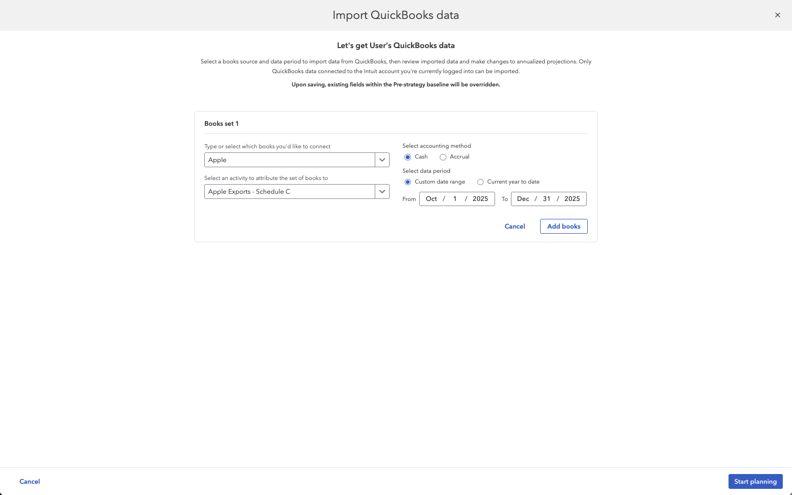 Books set form to select books, accounting method, and data period, then Add books