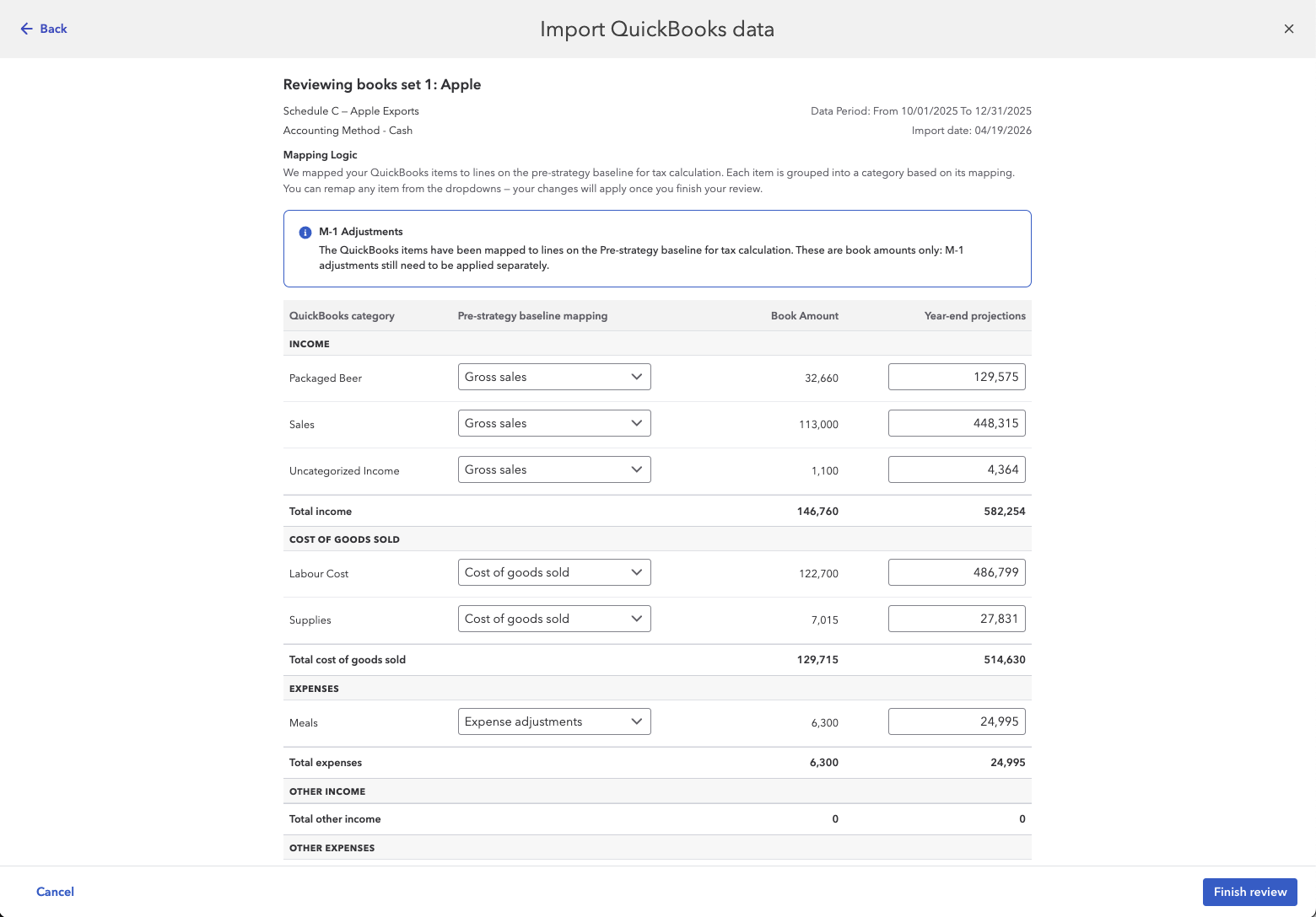 Reviewing imported QuickBooks data mapped to pre-strategy baseline lines with year-end projections