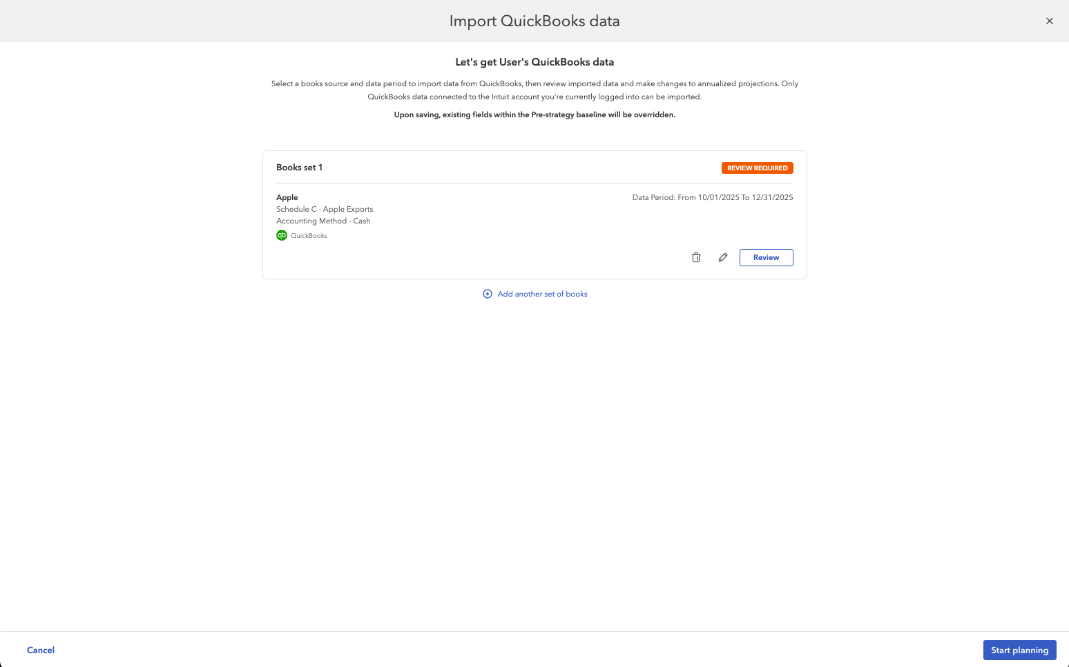 Books set card showing Review required status with the Review button