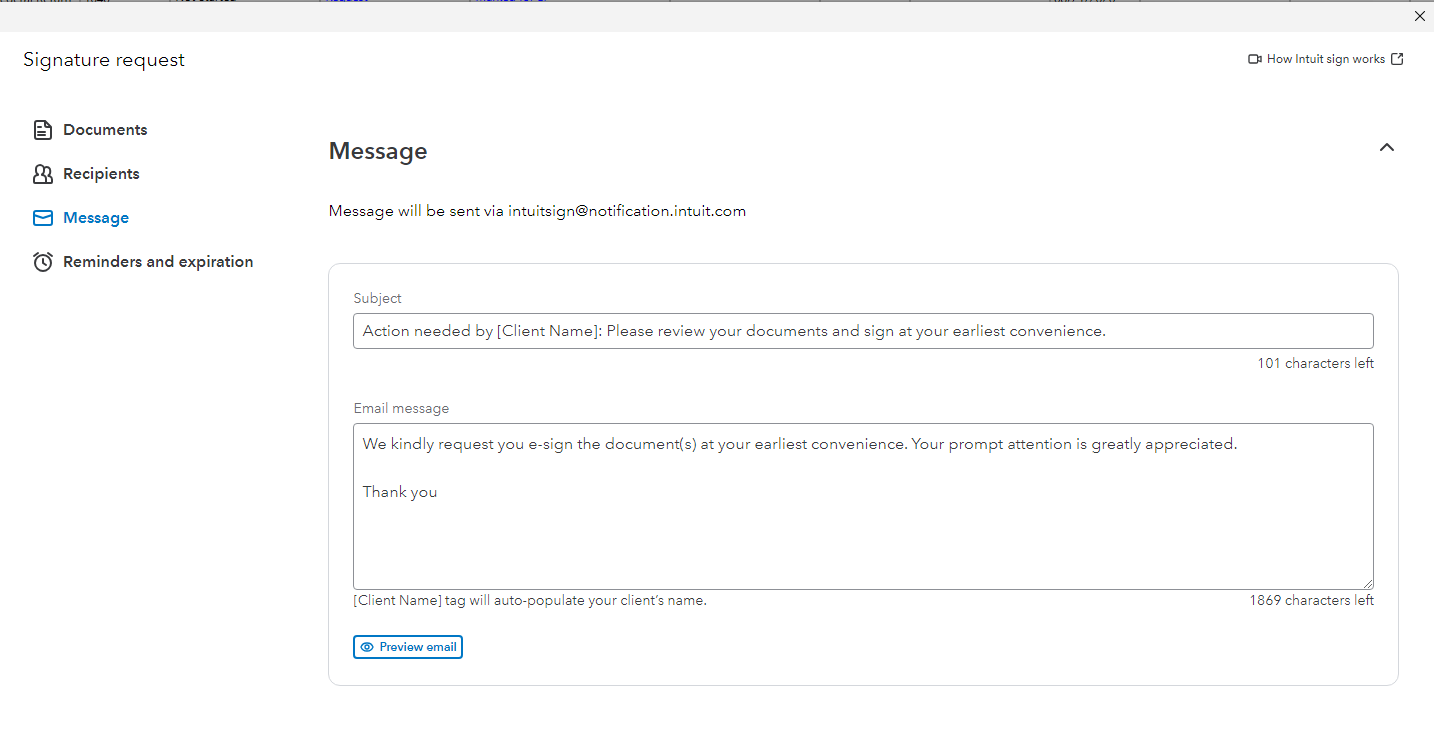 Message section for the signature request