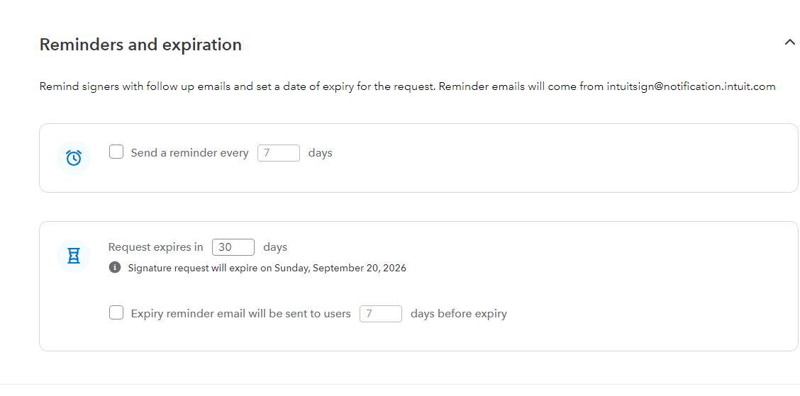 Reminders and expiration settings