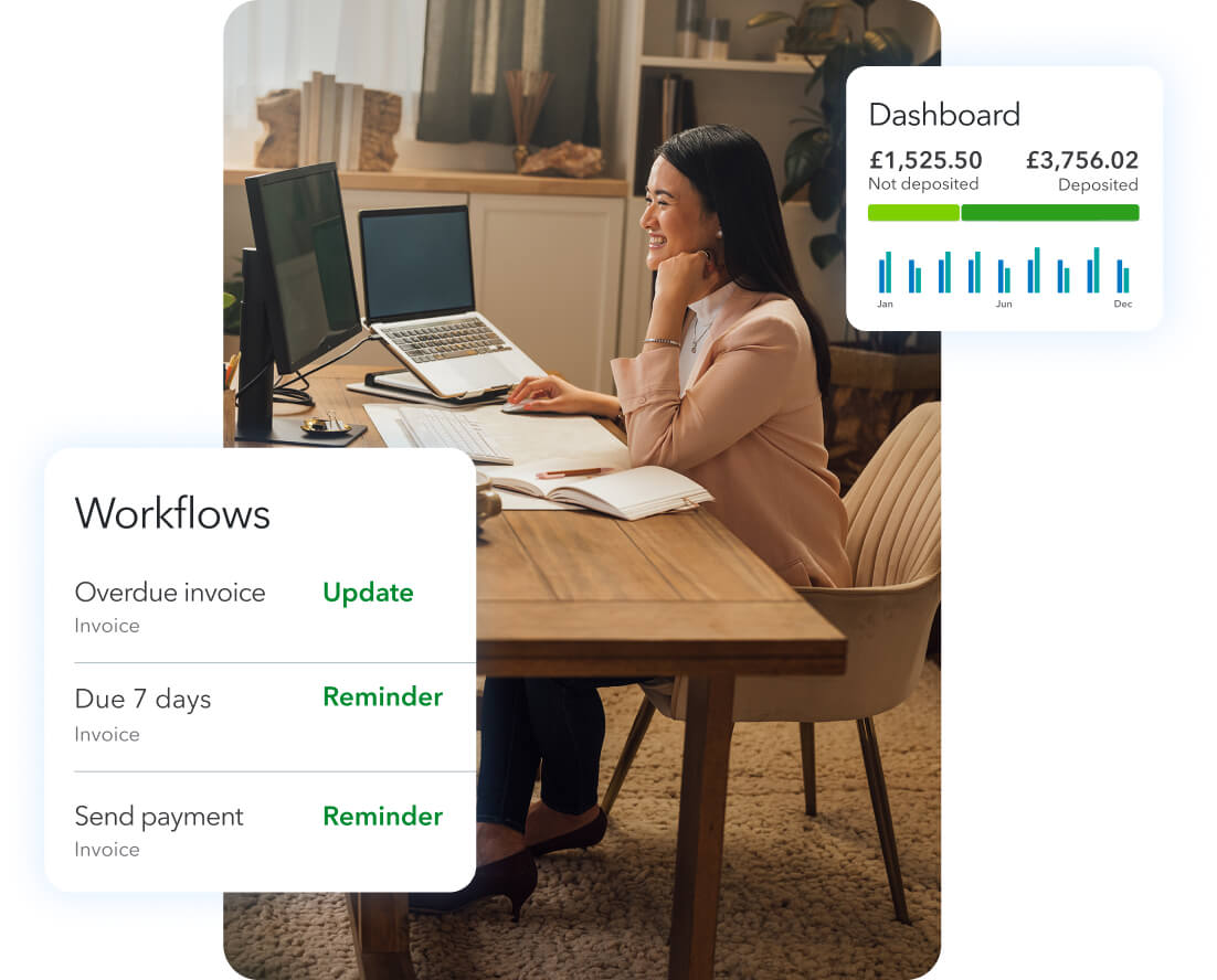 Woman Working Remotely with Finance Dashboard Overlays