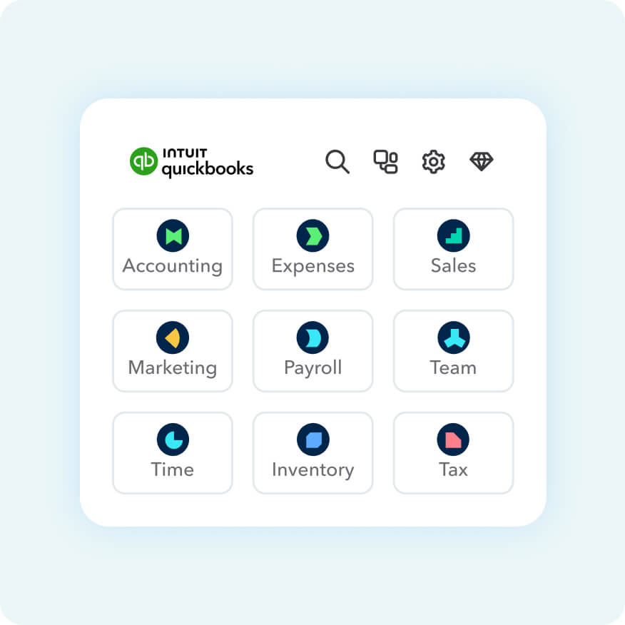 QuickBooks dashboard with business management categories