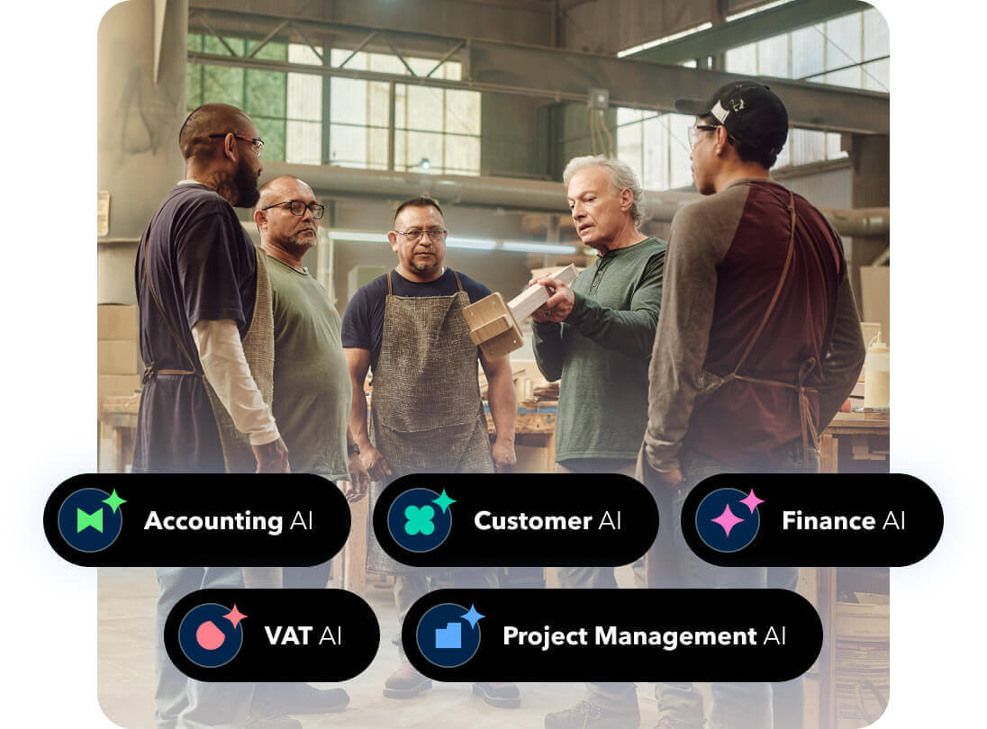 Team Meeting in Workshop with AI Service Labels