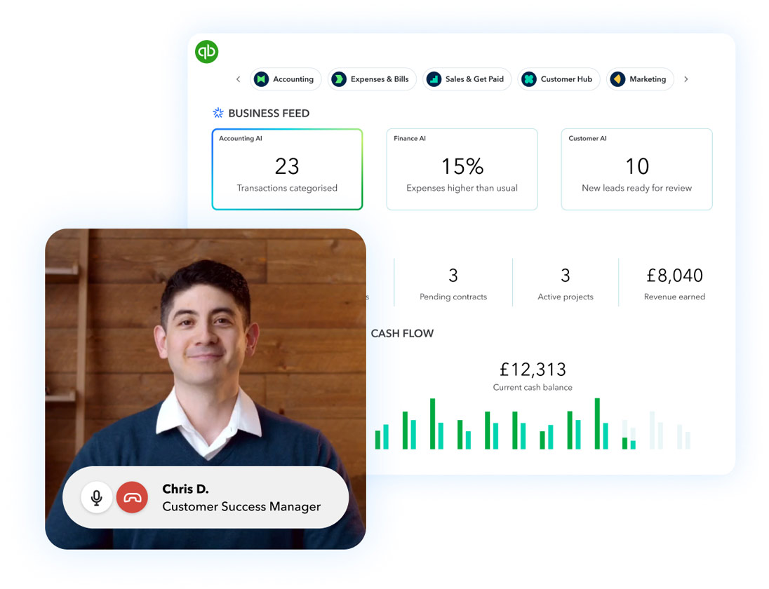 Business dashboard with customer manager video call overlay