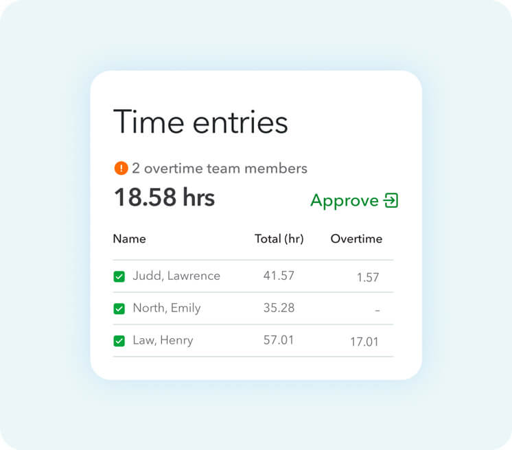 Time entries summary with overtime details displayed