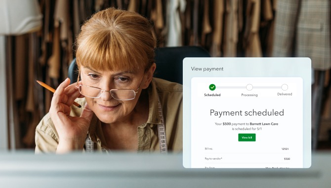 A photo of a woman and a visualization of a scheduled payment worth $500 to Barnett Lawn Care..